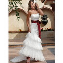 White with Red Bow Sleeveless Stain Asymmetric Mermaid Wedding Dress