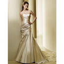 100% Silk Simple A-line Sleeveless Strapless Ruffles Gold Court Train Wedding Dresses