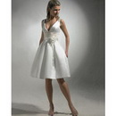 V-neck Short Mini Spaghetti Straps Taffeta Ribbons wedding dress