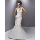 Custom Made Gorgeous Free Shipping Mermaid Organza Halter V-Neck Chapel Train Sleeveless Wedding Dresses For Bride