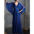Elegant & Timeless Blue Half-sleeve V-neck Halter Tulle Ankle-length Evening Dresses
