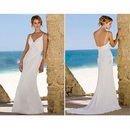 Sheath V-Neck Handmade Flower Embellished Chiffon Sweep Train Wedding Dress