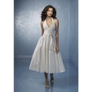 Tea-length Halter V-neck Lace Sashes / Ribbons Draped Wedding Dresses