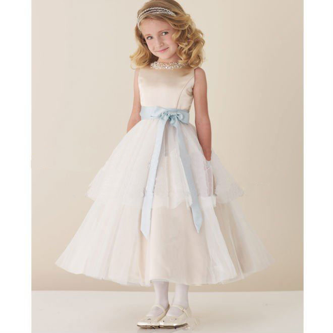 Tea Length Sashes / Ribbons Satin Pearls Flower Girl Dresses with Bow