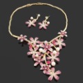 Colorful Pink Crystal Flower Pearl Bridal Jewelry Set