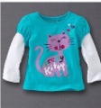 Long Sleeve White & Blue With Cat Images On Baby T-Shirts