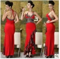 Red Ankle-length Lace-up Sexy Dress