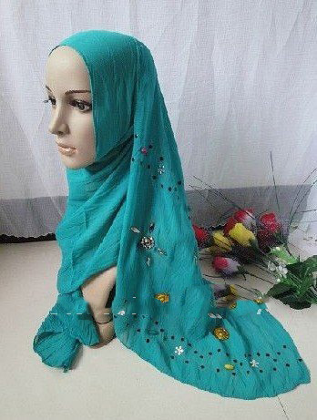 Green Silk & Polyester Rectangular Shape Scarves