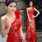 Cheongsam Embroidery Shoulder With A Red Flower Asymmetrical Wedding Dresses