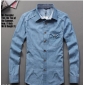 Blue With Button Long Sleeve Men's Shirts