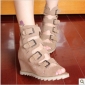 Khaki With Buttons Leather Women's Sandals
