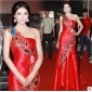 Red One Shoulder Sleeveless Floor Length Cheongsam Wedding Dresses