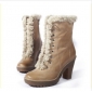 Apricot Casual Leather Wool High Heel Waterproof Women's Boots