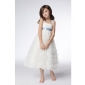 White With Blue Sash Straps Organza Layered Junior Bridesmaid Dresses
