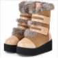 Khaki Rabbit Fur Flat Bottom PU Leather Women's Boots
