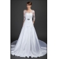 V-neck Chapel Train Satin Tulle White With Sleeves A-line Wedding Dresses